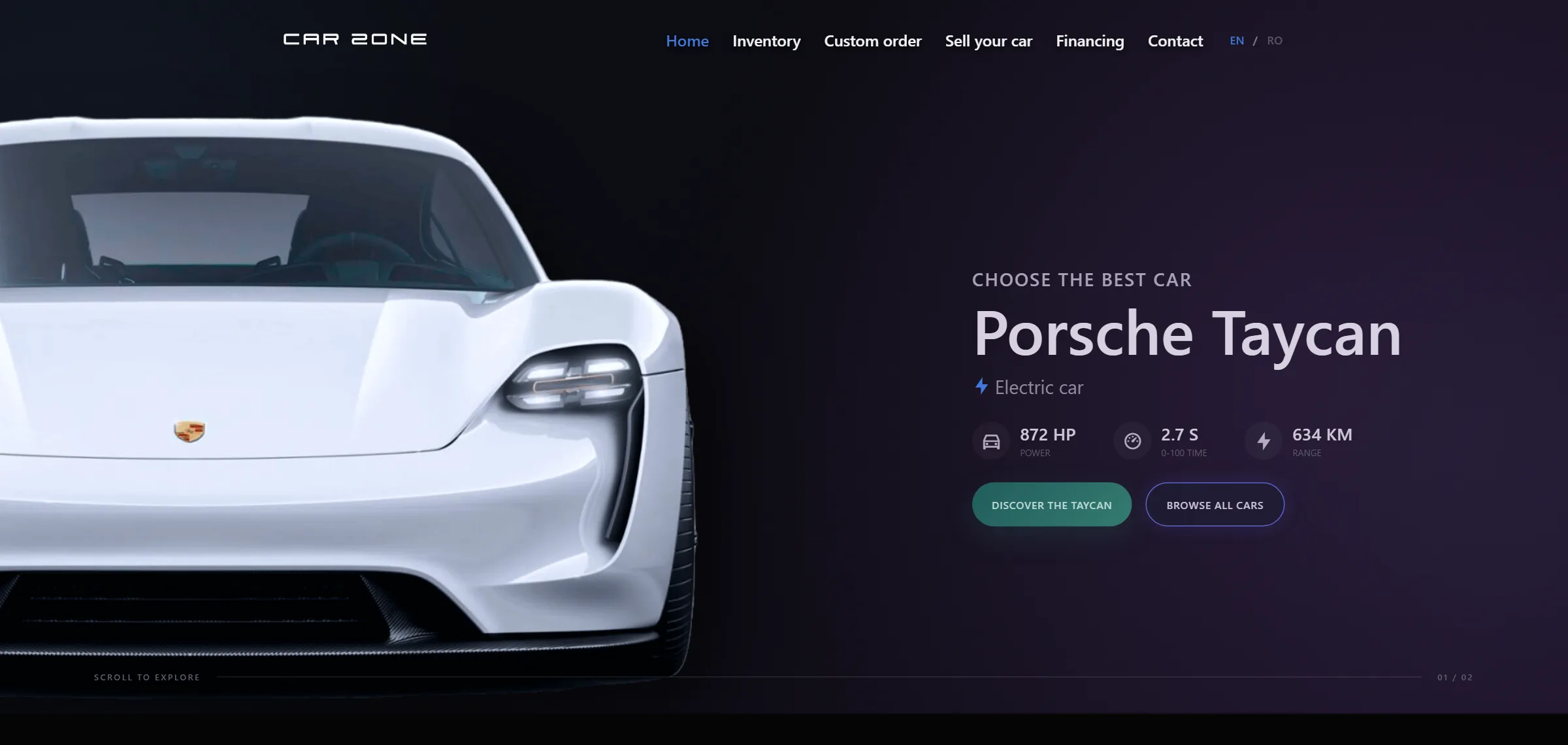 Car Zone homepage featuring a Porsche Taycan